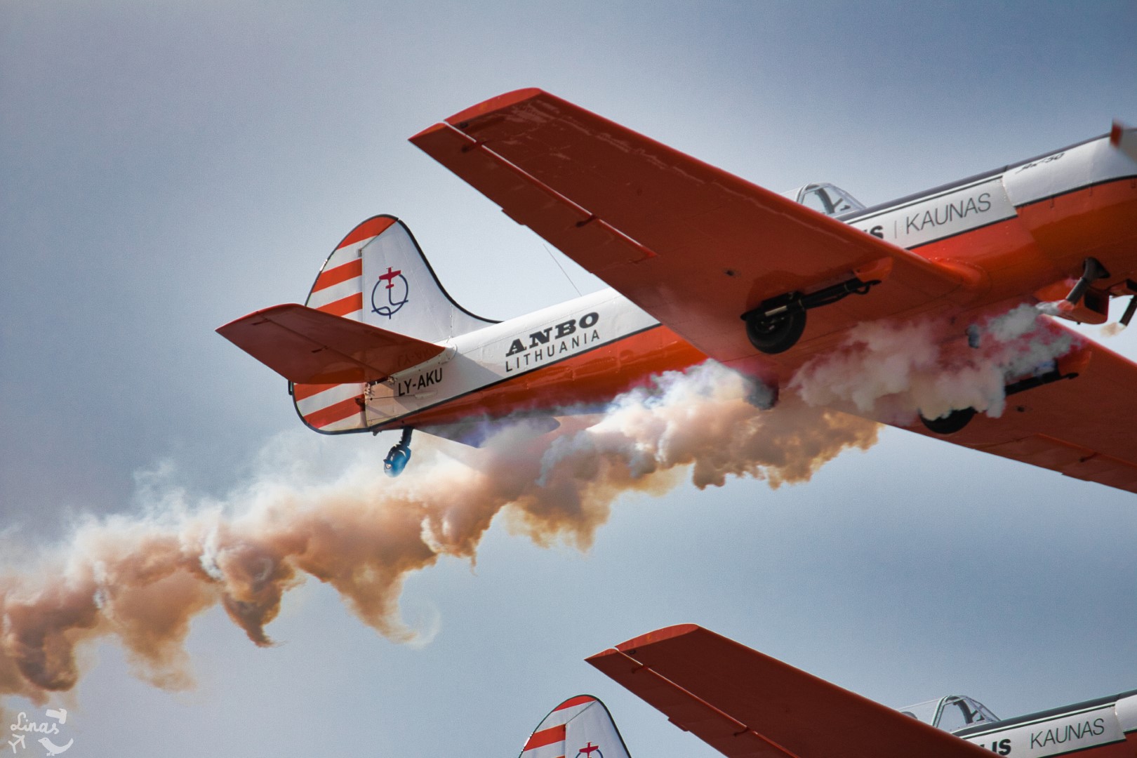 A photo of an acrobatic aircraft flying by while emitting smoke in an artistic manner